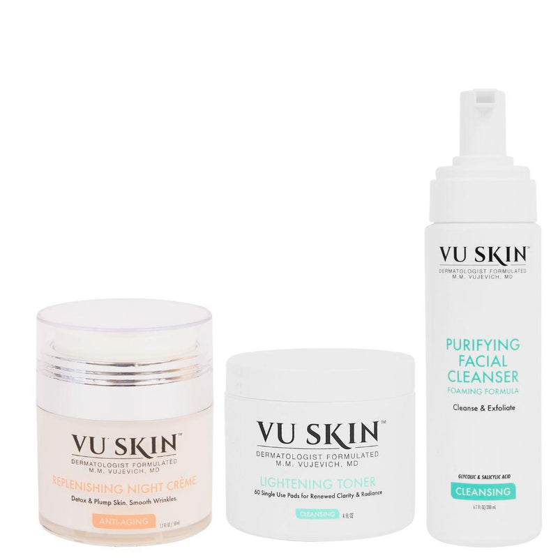 VU Skin skincare set featuring Replenishing Night Crème, Lightening Toner, and Purifying Facial Cleanser - Vu Skin