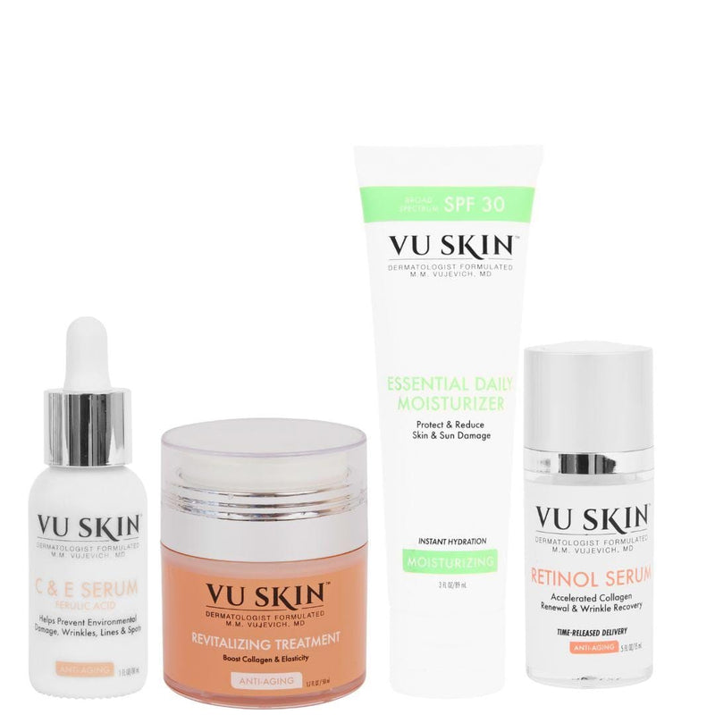 VU Skin skincare set featuring C & E Serum, Revitalizing Treatment, Essential Daily Moisturizer SPF 30, and Retinol Serum - Vu Skin